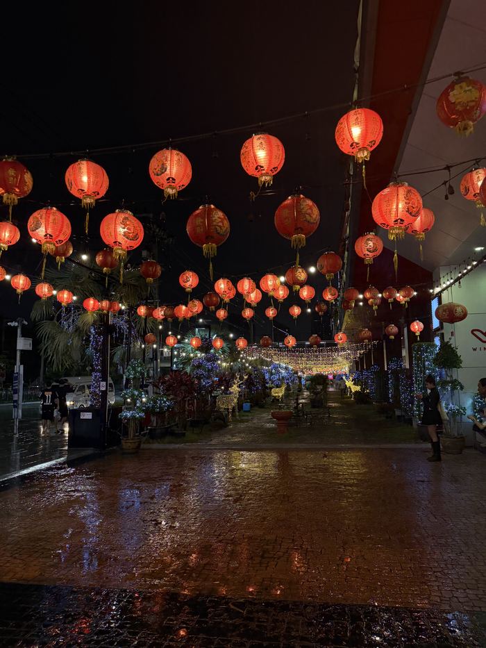 Red lanterns strung over a wet street at night