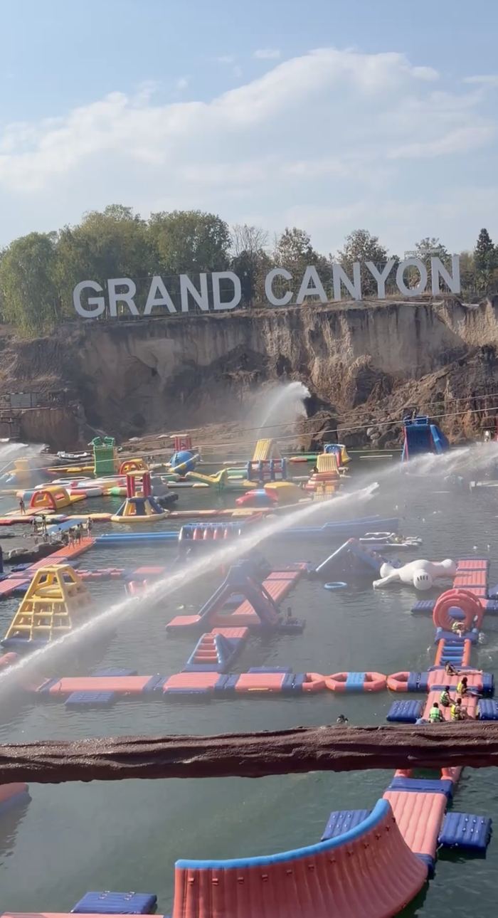 An inflatable obstacle course on the water at the Grand Canyon water park
