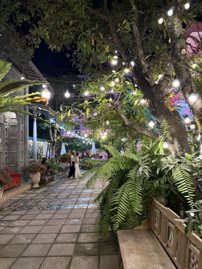 A garden path lit with string lights at night