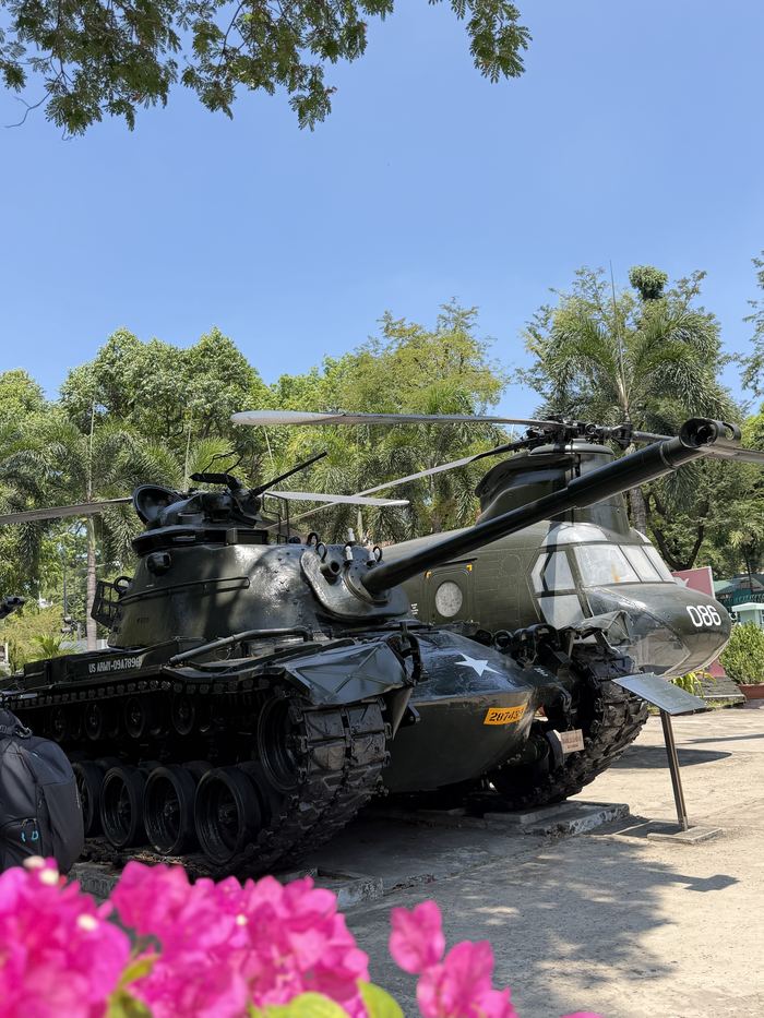 A tank and a helicopter on display outside the War Remnants Museum