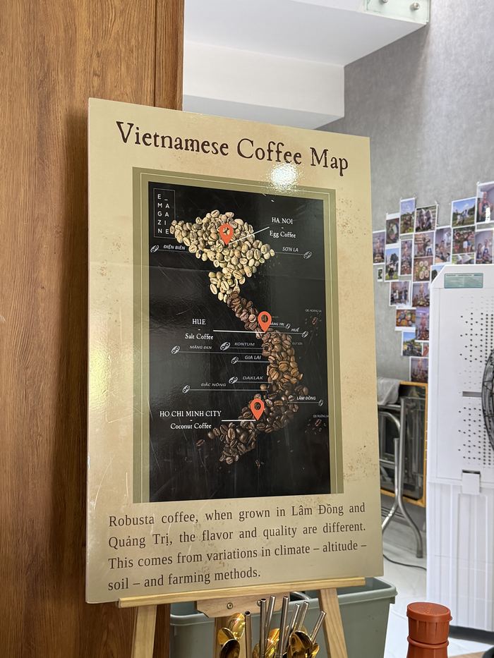 A map of where coffee is grown in Vietnam, on an easel