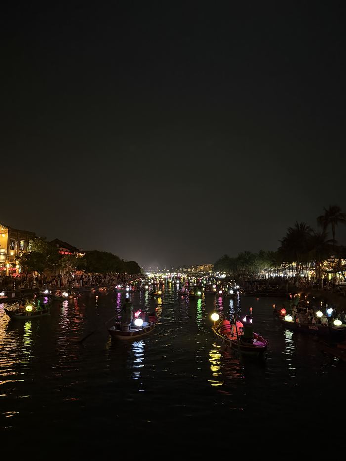 Lantern boats on the river at night