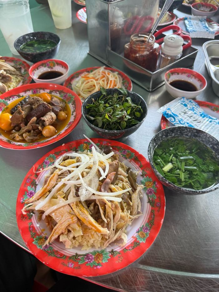 Noodles with herbs, sauces, and side dishes